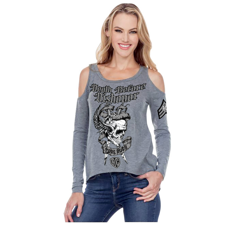 DEATH BEFORE DISHONOR SILVER LONG SLEEVE OPEN SHOULDER