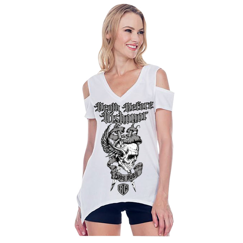 DEATH BEFORE DISHONOR SILVER SHORT SLEEVE OPEN SHOULDER